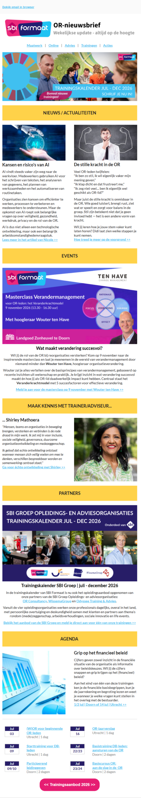 Nieuwsbrief van SBI Formaat met bovenaan de titel “OR-nieuwsbrief” en een banner voor de trainingskalender juli–december 2026. Daaronder volgen secties met artikelen over AI en de rol van de OR, een aankondiging van een masterclass verandermanagement, een trainerportret, een overzicht van het trainingsaanbod en een agenda met trainingen in juli in Doorn en Utrecht.